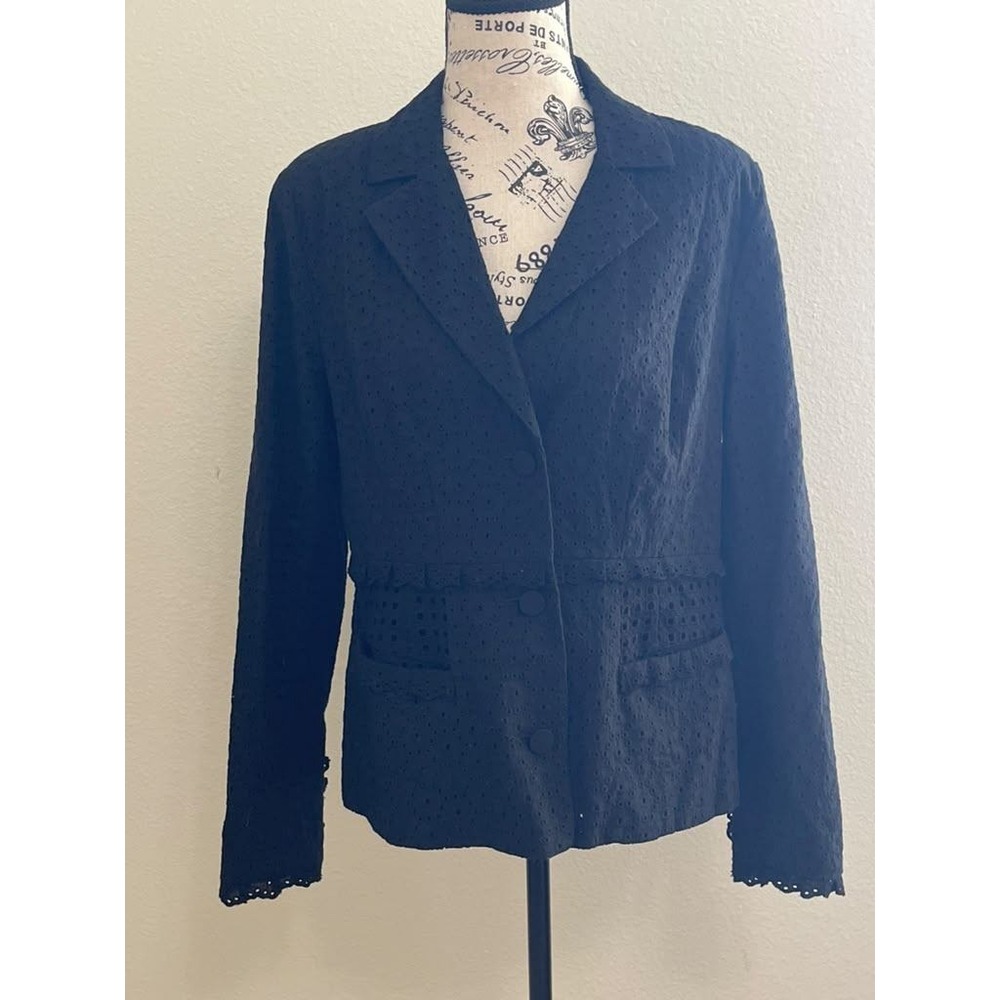 Cabi Black Eyelet Ruffle Trim Blazer Jacket Women 6 Business Casual office Siren